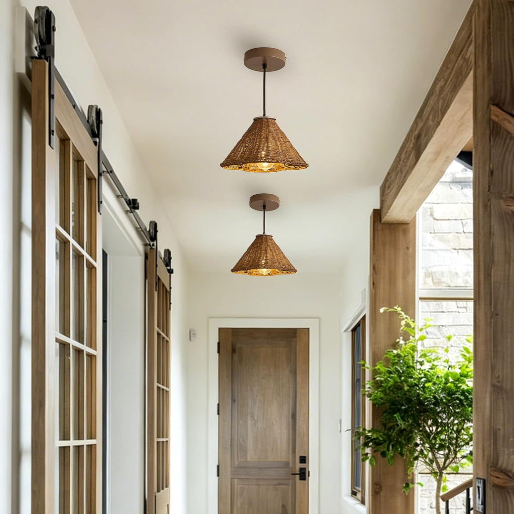 boho rattan pendant light, 11.8" hand woven hanging, front angle view
