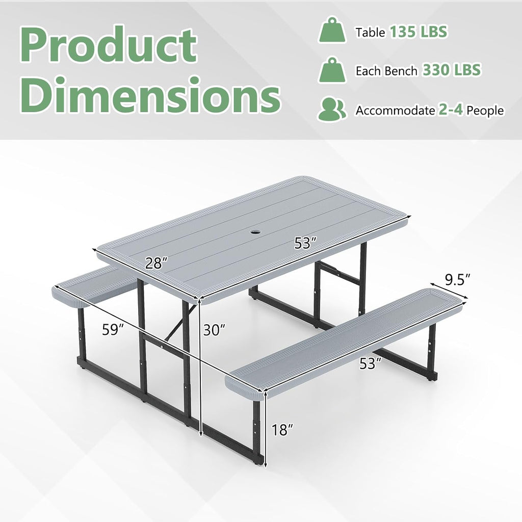 Tangkula Picnic Table, HDPE Outdoor Rectangular Table Bench Set with 2 Built-in Benches, Umbrella Hole, Metal Frame for 4 Person, Garden Yard Patio Lawn