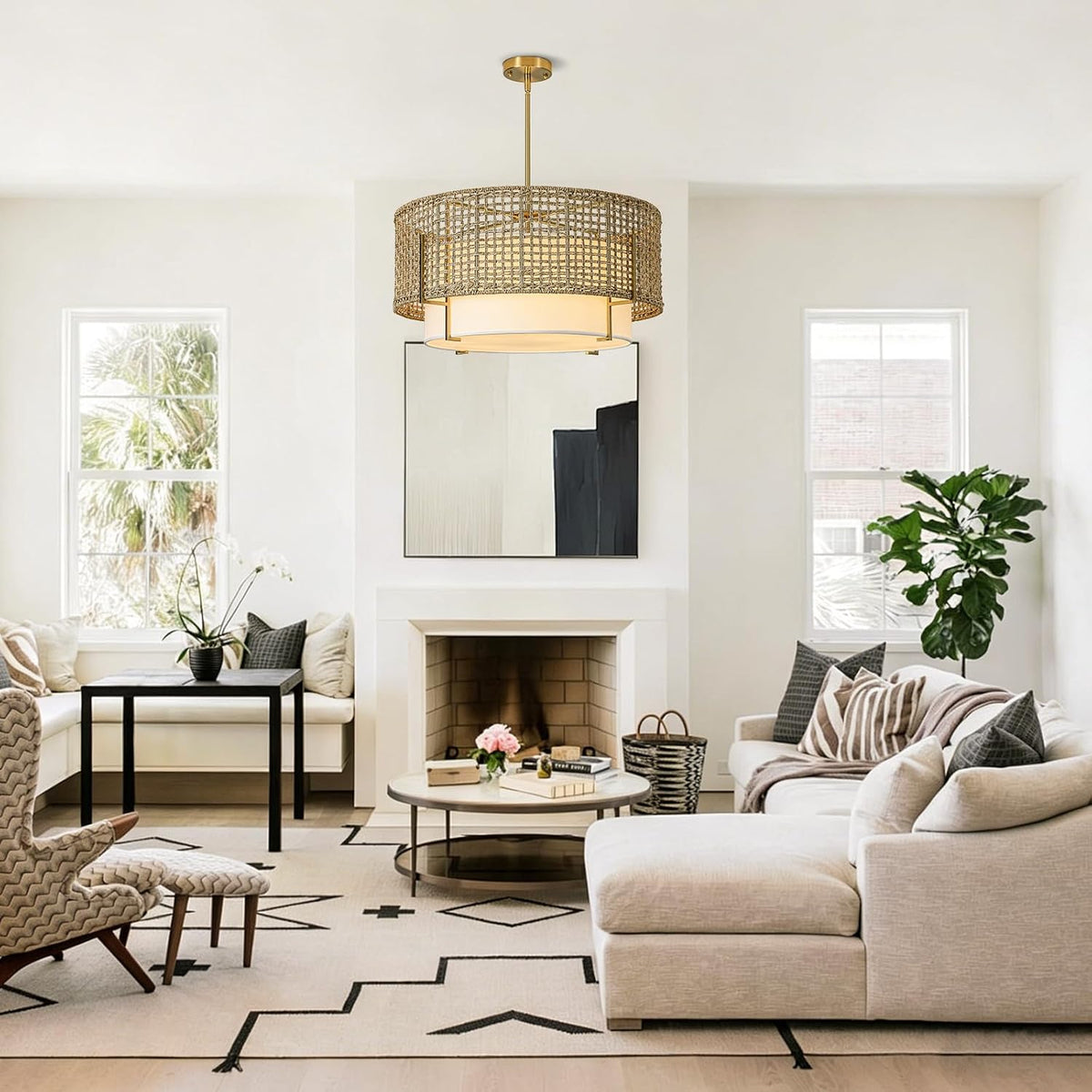 25.6" large rattan chandelier, 6-light boho rustic pendant, close-up detail