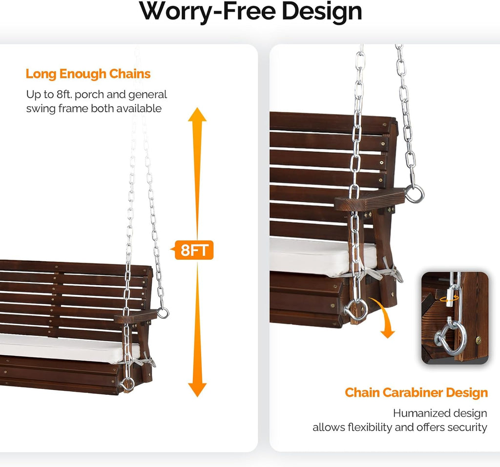 VINGLI 5 FT Heavy Duty Porch Swing with Cushion, 880 LBS Wooden, Rustic