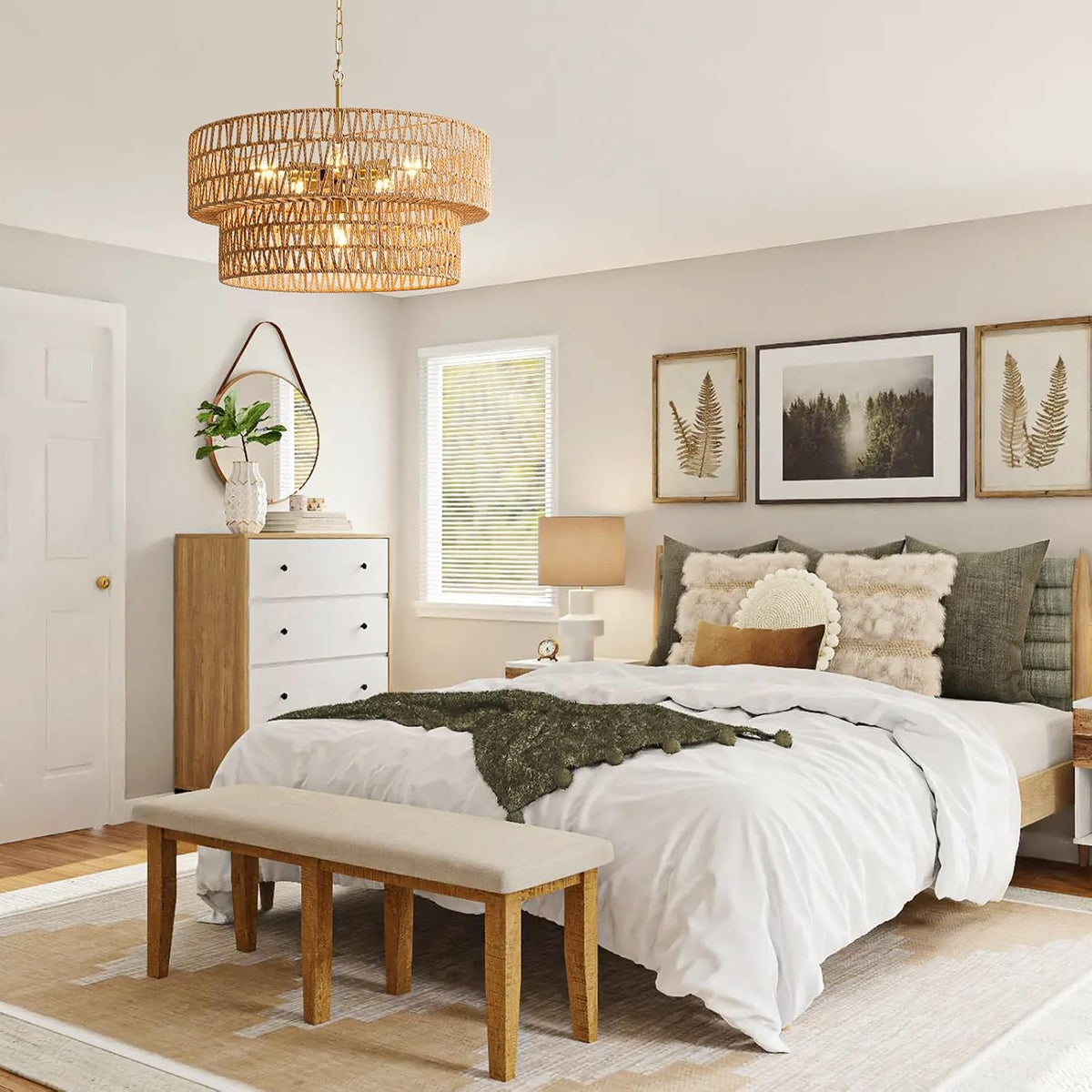 23.6" boho rattan chandelier, 6-light large rattan pendant, front angle view