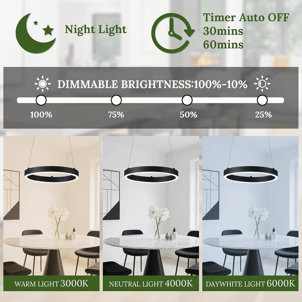 12in LED Ring Chandelier Black Modern Dimmable Pendant Light
