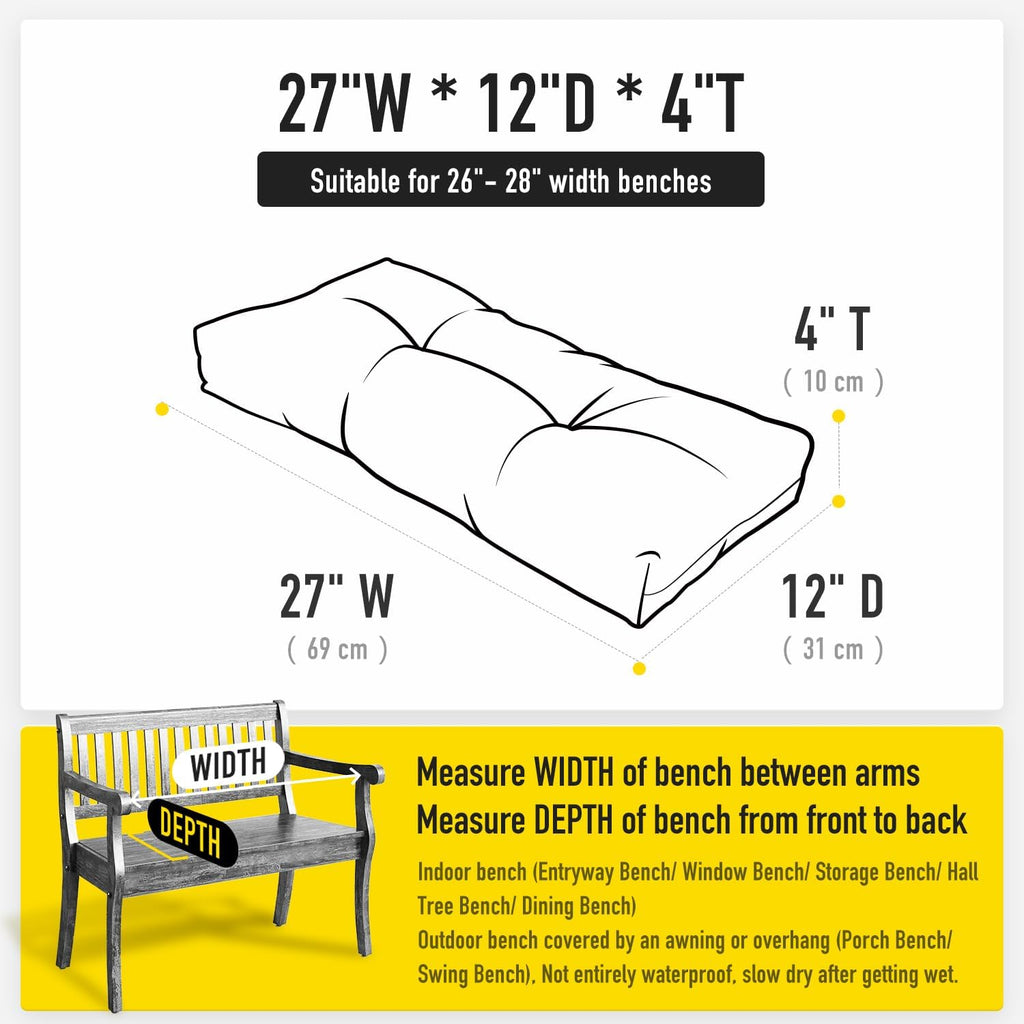 SUNROX LokGrip Non Slip Tufted Memory Foam Bench Cushion, FadeShield Water Resistant Durable Thicken Outdoor/Indoor Bench Seat Pads 27x12x4 inch, Cream