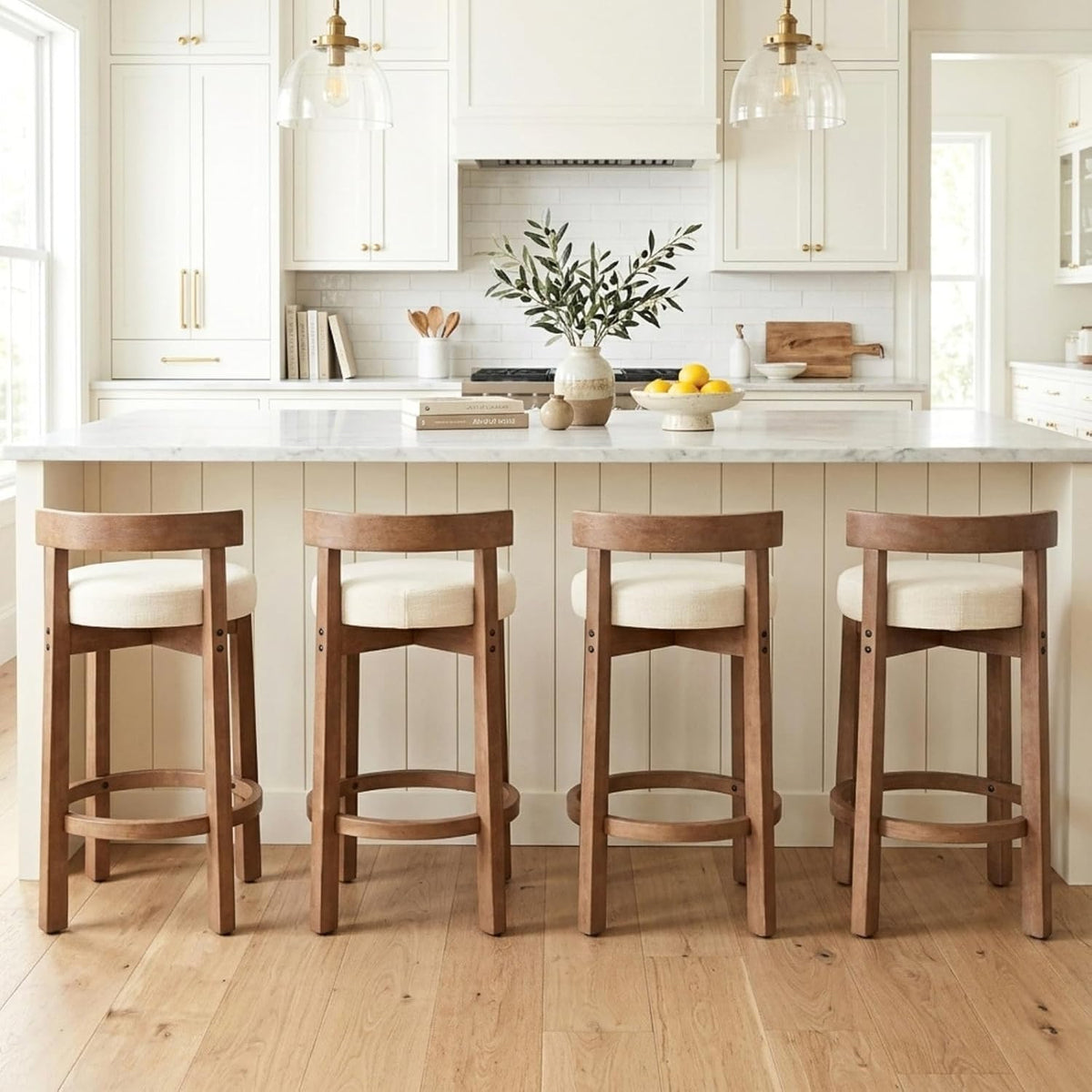 CIMOTA 26.5" Counter Height Bar Stools Set of 4 | Mid Century Modern Low Back Bar Chairs with Solid Wood Legs & Linen Upholstered Seat, Kitchen Island Stools, Beige