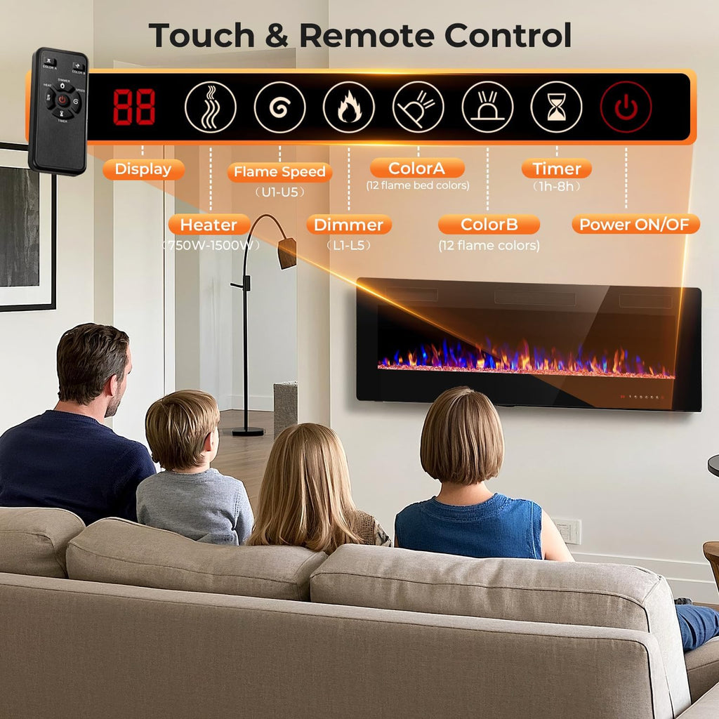 50" Electric Fireplace Recessed and Wall Mounted, 750/1500W Ultra-Thin Electric Fireplace Heater with Adjustable Flame Color and Brightness, Low Noise, Linear Fireplace for Living Room