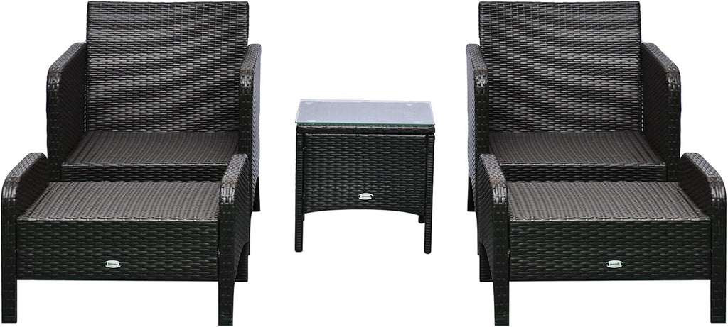 Outsunny 5 Pieces Rattan Wicker Lounge Chair 2 Ottomans Brown/Blue