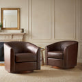 HULALA HOME Genuine Leather Swivel Barrel Accent Chairs Set of 2, Brown