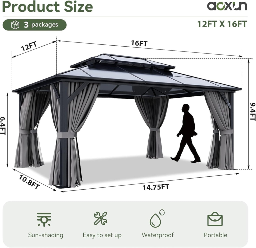 Aoxun 12'x16' Hardtop Gazebo with Polycarbonate Double Roof, Gray