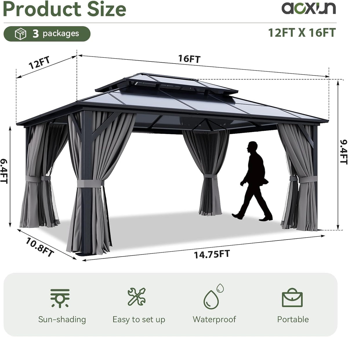 Aoxun 12'x16' Hardtop Gazebo with Polycarbonate Double Roof, Gray