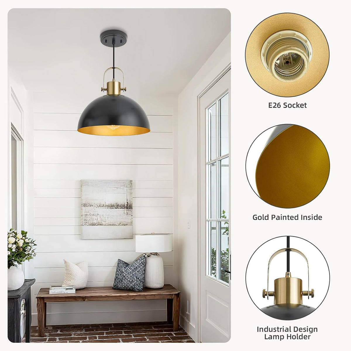 12 inch farmhouse pendant lights, black, 3 pack, close-up detail