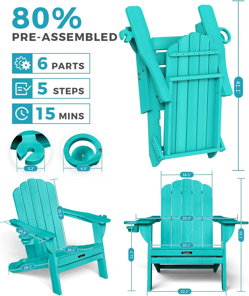 Folding Adirondack Chairs Set of 2, HDPE Outdoor Chair with 2 Cup Holders