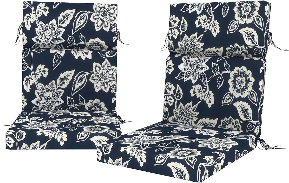 DYTXIII Outdoor High Back Chair Cushions Set of 2, 44"x22" Water Repellent Patio Seat Cushions with Elastic Sponge, All Weather Chair Pads for Rocking, Dining Chairs, Patio Furniture - Vines Navy