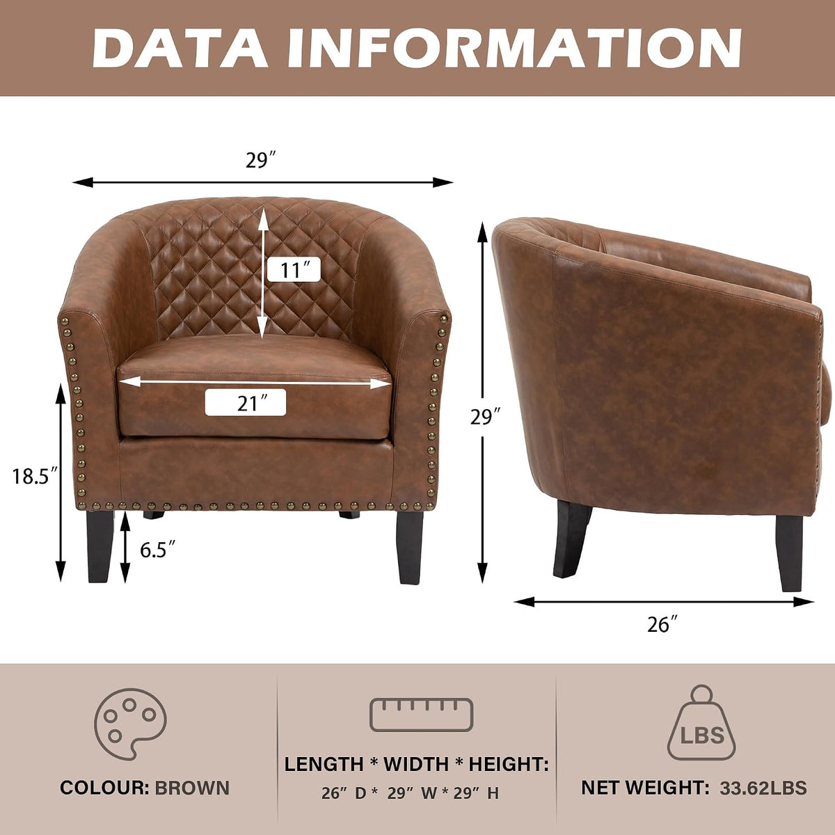 Faux Leather Barrel Accent Chairs Set of 4, Modern Armchair, Brown