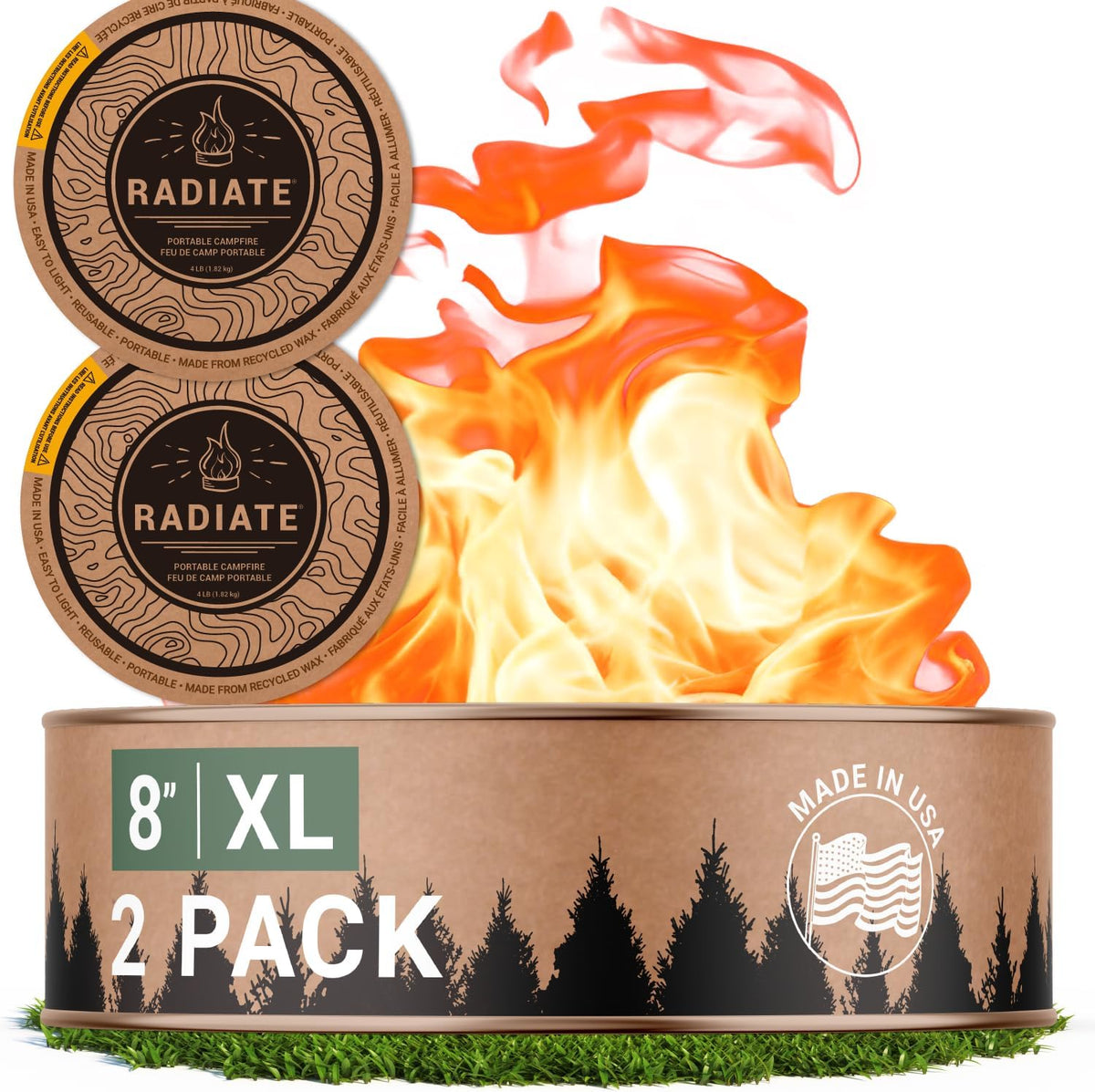 Radiate 2 Pack XL 8" Portable Campfire As Seen On Shark Tank - Up to 2 Hours of Burn Time, Reusable Travel Fire Pit for Camping, Patios & Beach Days - Great Alternative to a Real Fire - Made in USA