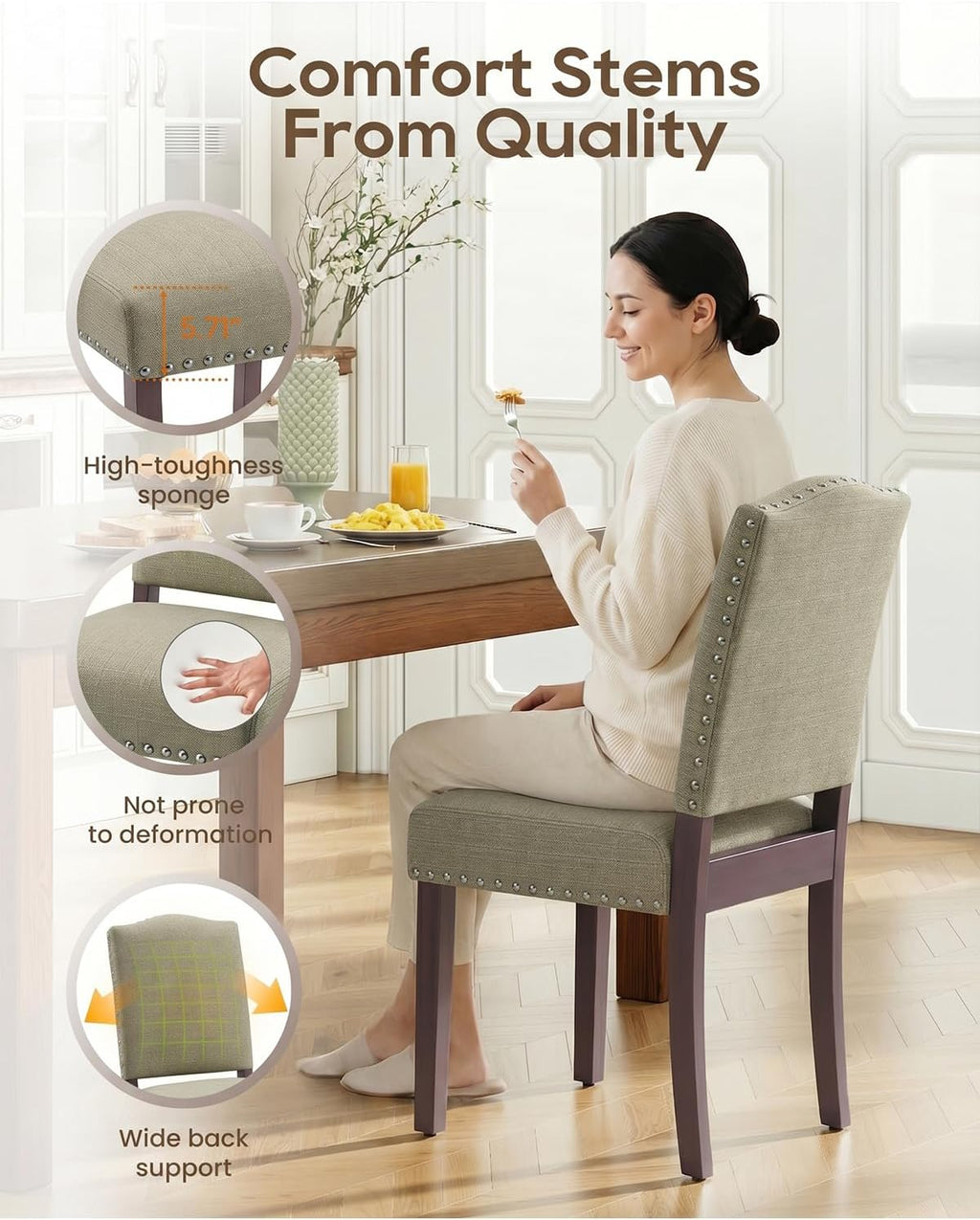 Upholstered Dining Chairs Set of 2 with Thickened Seat Cushion