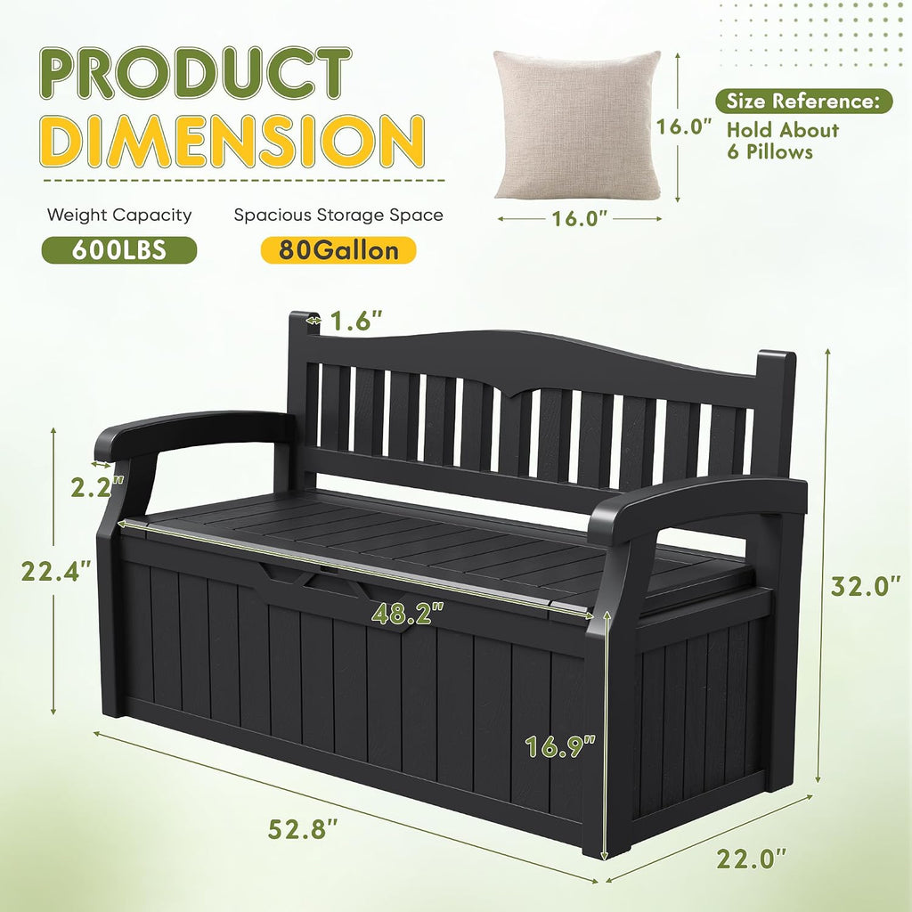 Greesum 80 Gallon Storage Bench Outdoor Deck Box with Armrest, Black