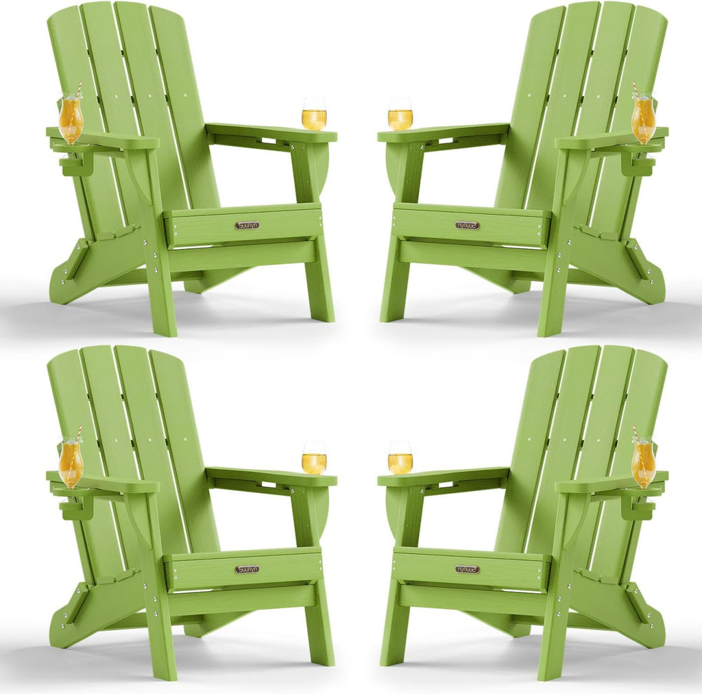 Folding Adirondack Chairs Set of 4, HDPE, 2 Cup Holders, Lime