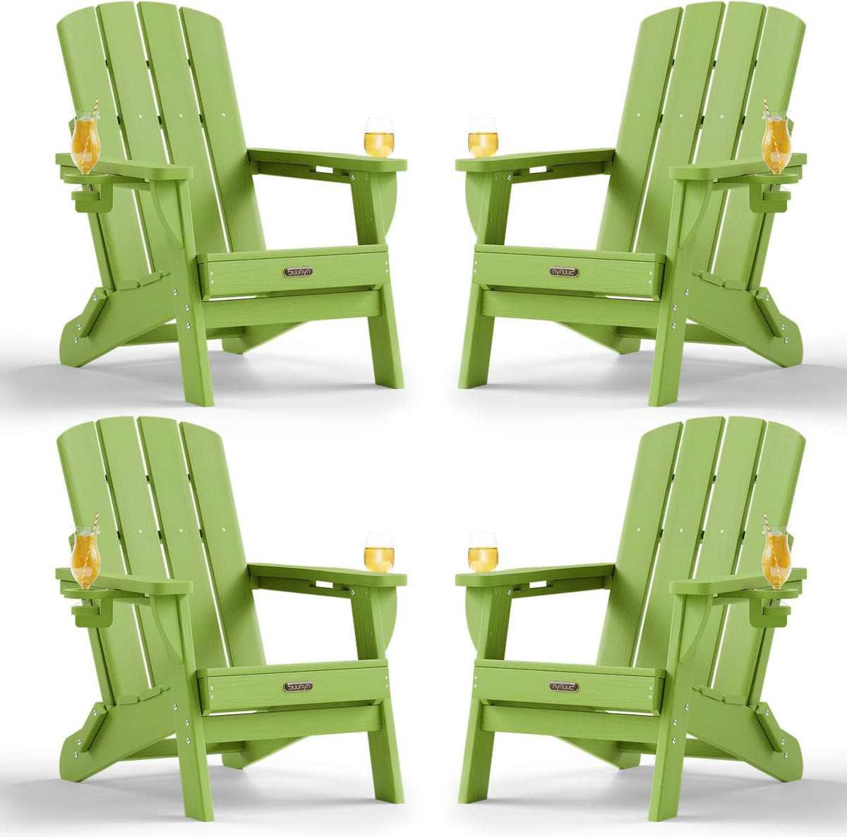 Folding Adirondack Chairs Set of 4, HDPE, 2 Cup Holders, Lime