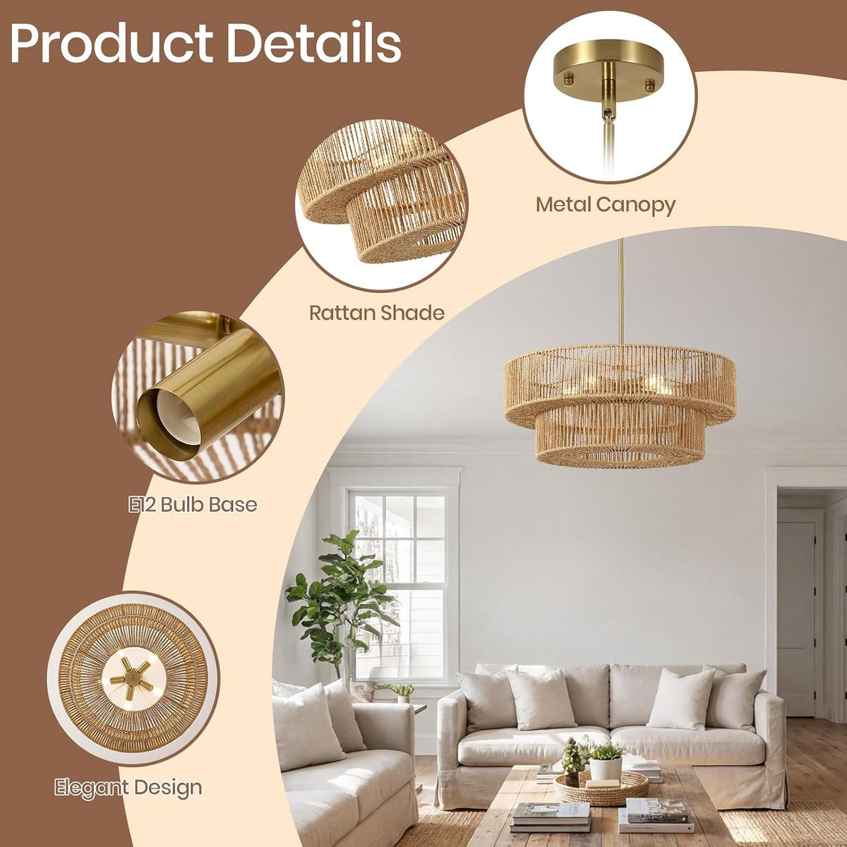 22" boho rattan chandelier, 5-light gold pendant light showing dimensions