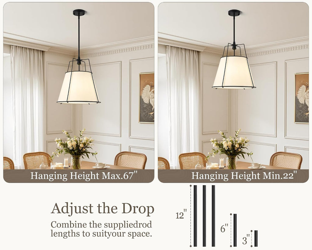 Black Pendant Lights Kitchen Island, 16.5" Linen Drum Chandelier