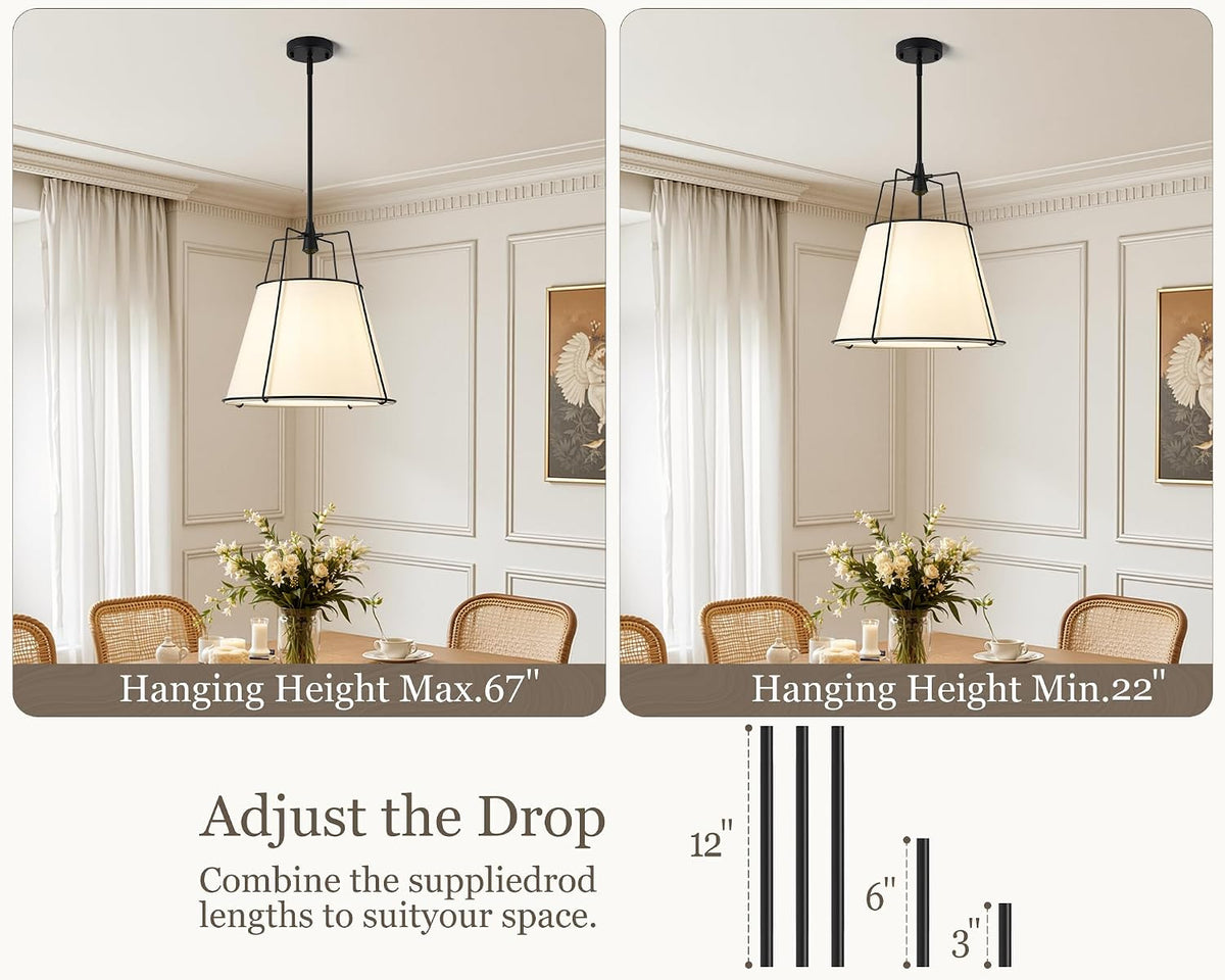 Black Pendant Lights Kitchen Island, 16.5" Linen Drum Chandelier