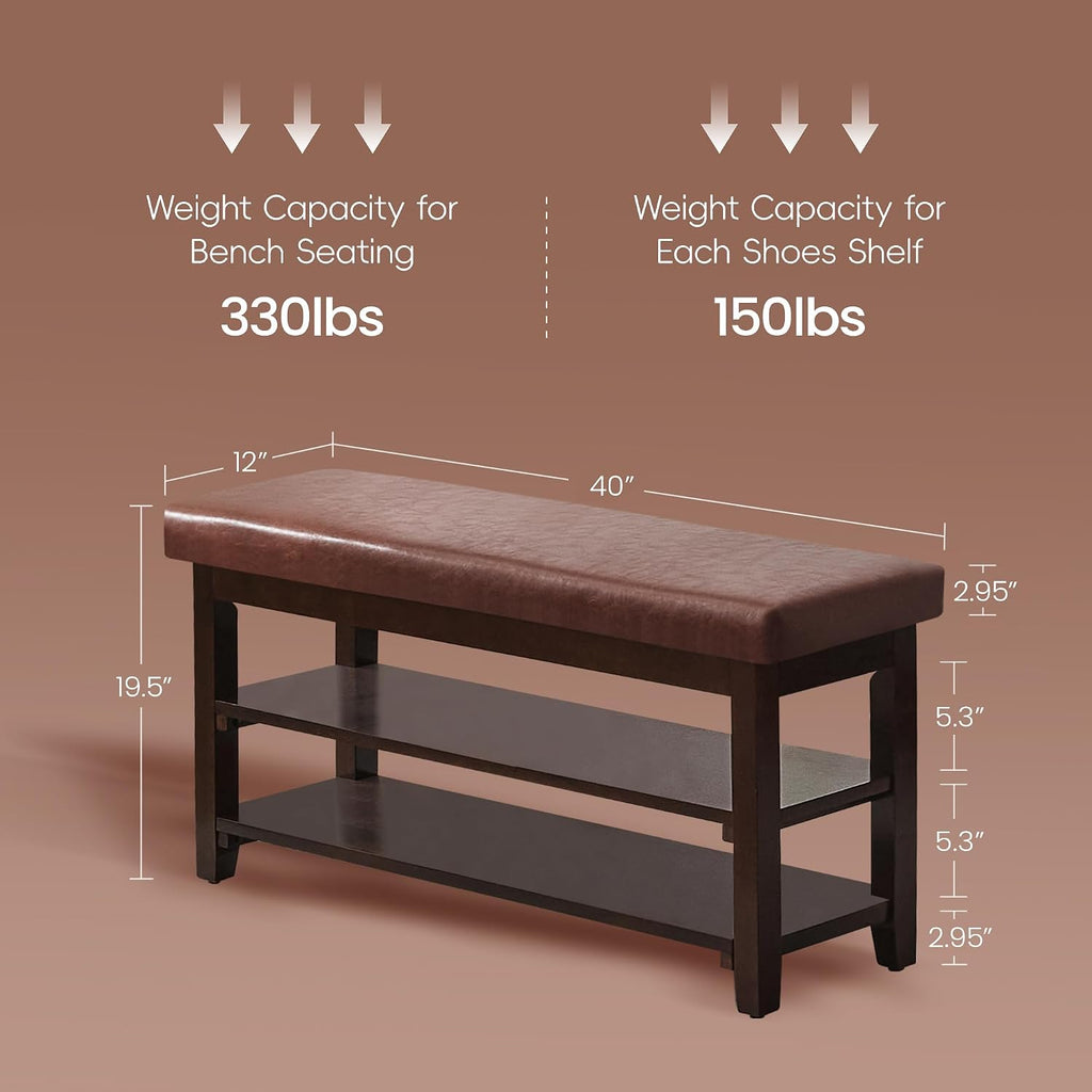 40" Shoe Bench with Leather Cushion, Upholstered Entryway Bench, Dark Brown