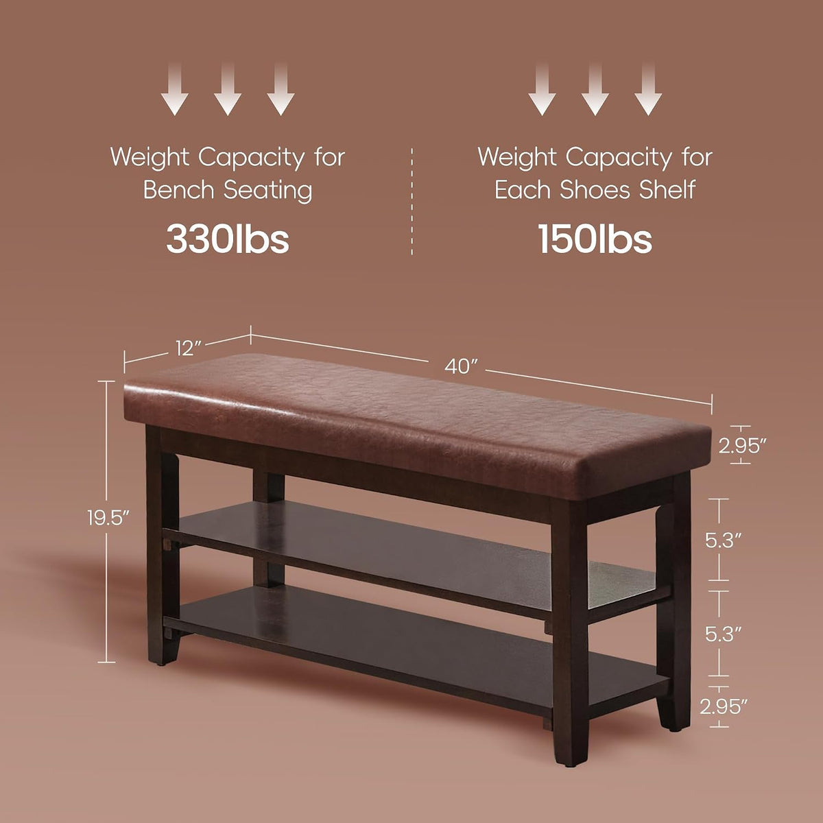 40" Shoe Bench with Leather Cushion, Upholstered Entryway Bench, Dark Brown