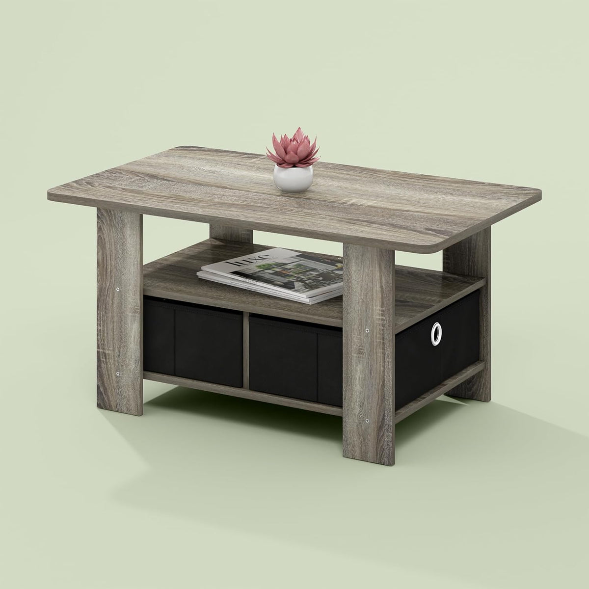 Ipoh Coffee Table, Side Table with Storage Spaces and Bin Drawer for Small Spaces, Living Room, Olive Oak/Black