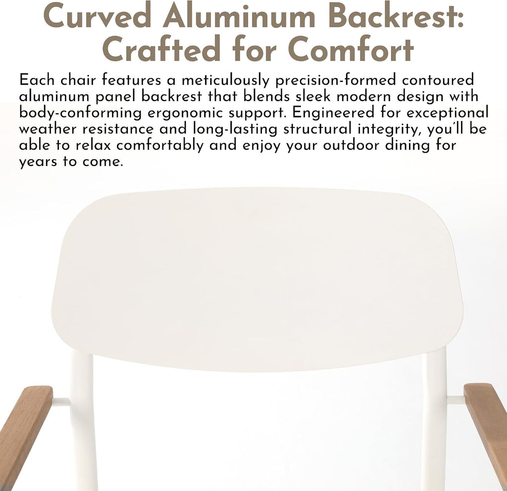 Modern Shade Luxury Outdoor Dining Chairs Set of 4, Fade Resistant, All-Aluminum Outdoor Chairs with FSC Teak Wood Armrests, Weather-Resistant Patio Chair with Quick Dry Cushion, White