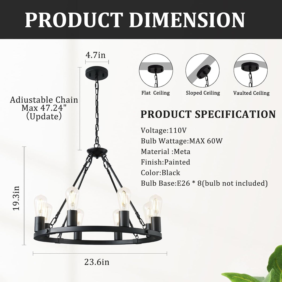 Wagon Wheel Chandelier 8-Light Black Dining Room Light Fixture