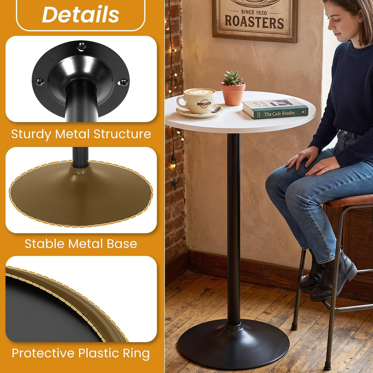 nchanmar bar table 40" height round pub table showing dimensions