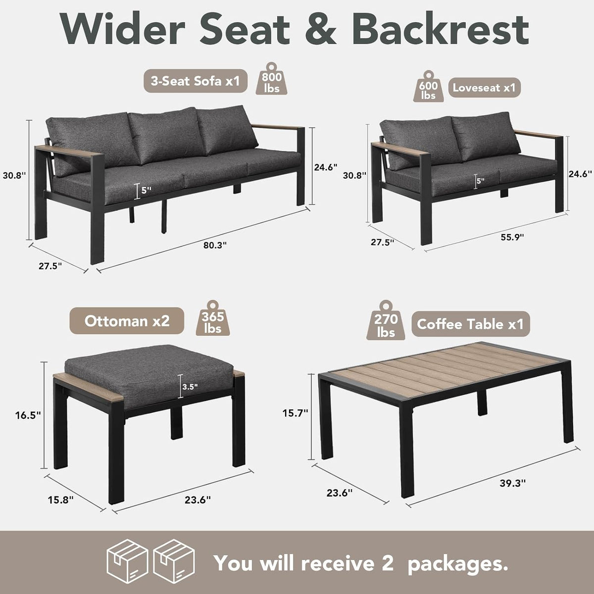 Outdoor Patio Furniture Set 5 Pieces Luxury Aluminum Patio Conversation Set with Coffee Table and 2 Ottoman 7 Seats, Thick Cushions, Large Sectional Sofa for Porch, Balcony, Yard, Dark Gray