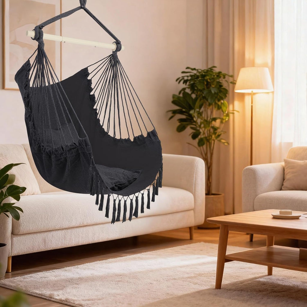 ONCLOUD XXL Hammock Chair Macrame Hanging Rope Swing Seat w/Side Pocket, Includes Drink Holder 2 Cushions Carry Bag All Hanging Hardware for Patio Bedrooms Indoor/Outdoor (Grey)