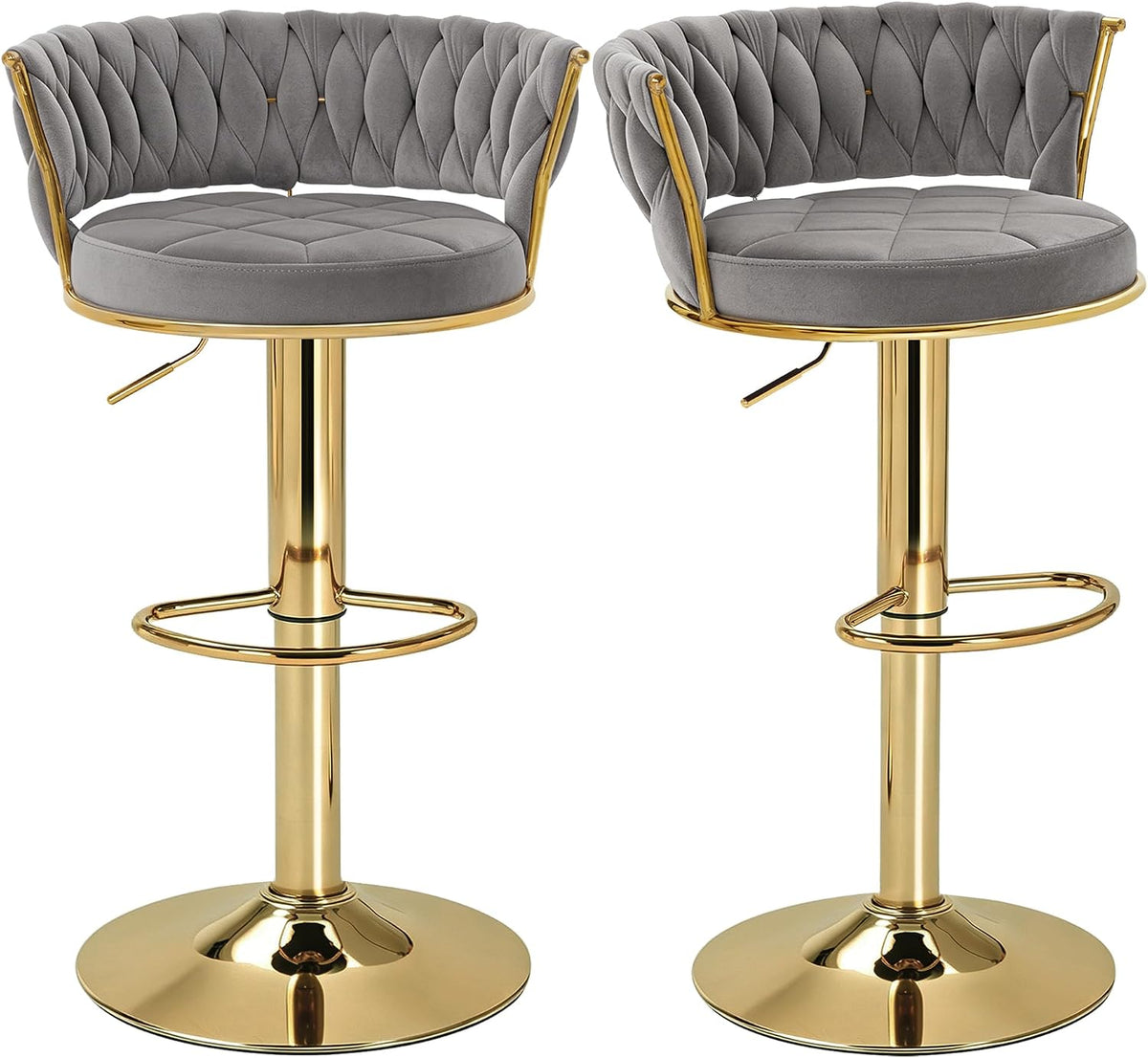VECELO Bar Stools Set of 2, Adjustable Barstools Counter Height Stools with Back and Arm, Velvet Woven Kitchen Island Stools w/Gold Metal Leg & Base, 360° Swivel Bar Chair, Light Grey