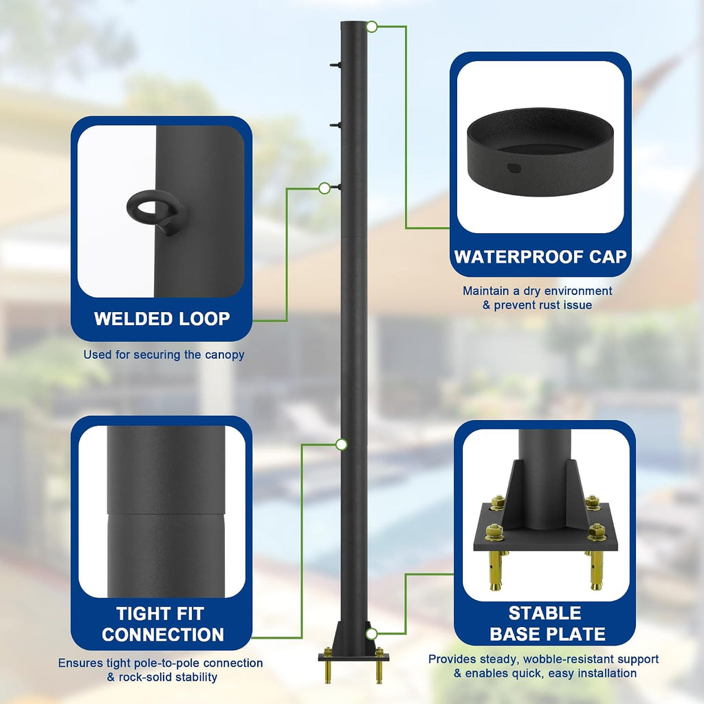 10ft Sun Shade Pole, 3" Diameter Heavy Duty Metal, Black Shade Sail Pole with 3 Rings for Patio, Deck, Playground, Backyard & Playground, One Pole