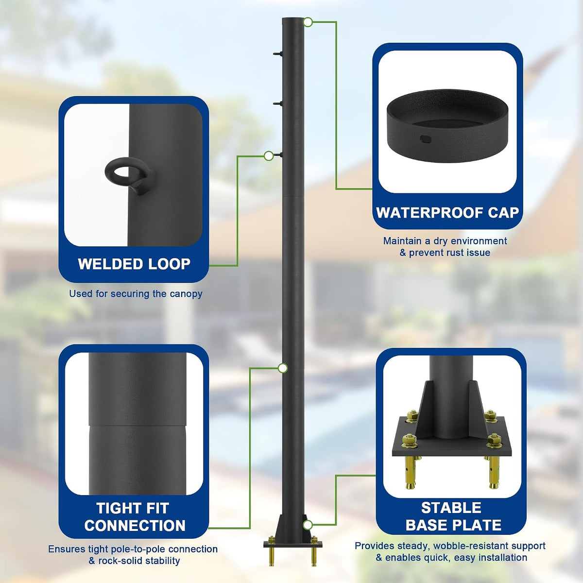 10ft Sun Shade Pole, 3" Diameter Heavy Duty Metal, Black Shade Sail Pole with 3 Rings for Patio, Deck, Playground, Backyard & Playground, One Pole