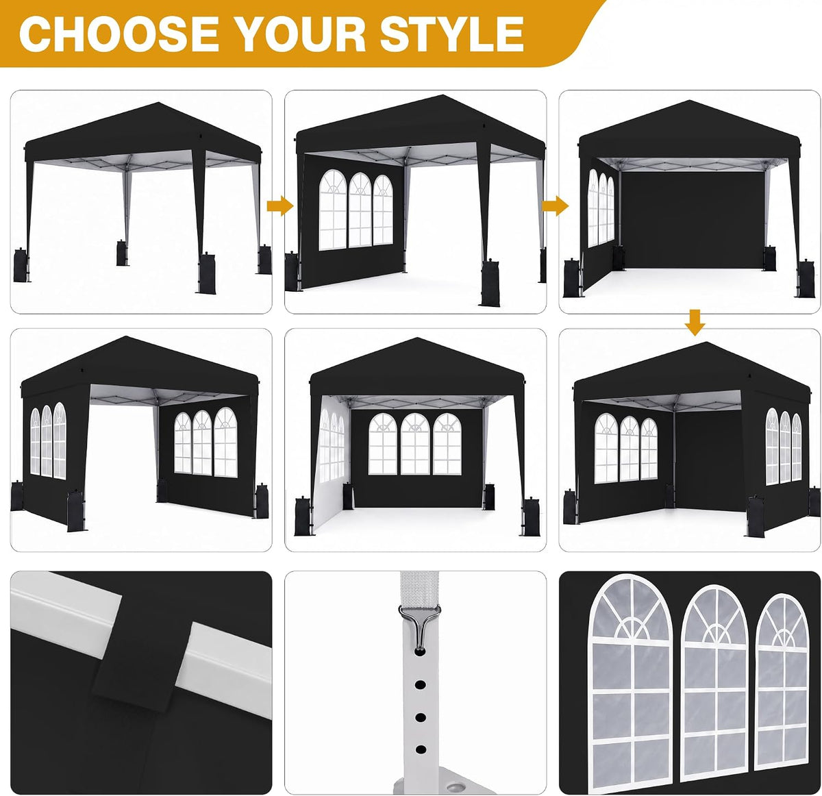 10x10 Pop Up Canopy Tent with Sidewall, Commercial, Black