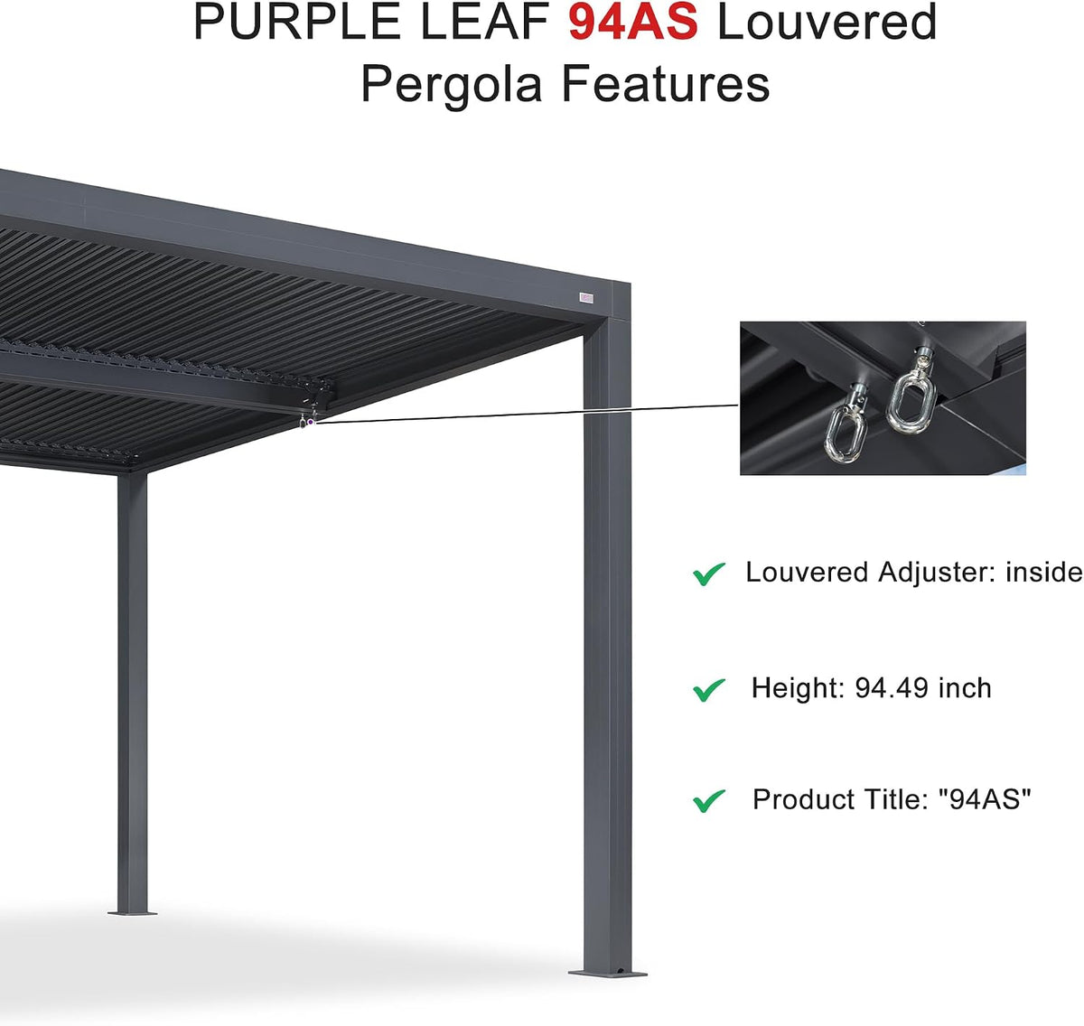 PURPLE LEAF Louvered Pergola Accessory 94AS Aluminum Louver Grille for Optimal Privacy, Sunlight Control Three Panels a Complete 10' Side Fixed Shutter Wall, Pergola Not Included