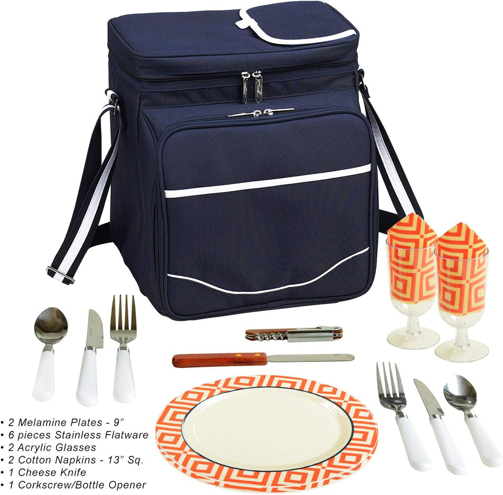 Picnic at Ascot Insulated Picnic Basket/Cooler Fully Equipped with Service for 2 - Orange/Navy