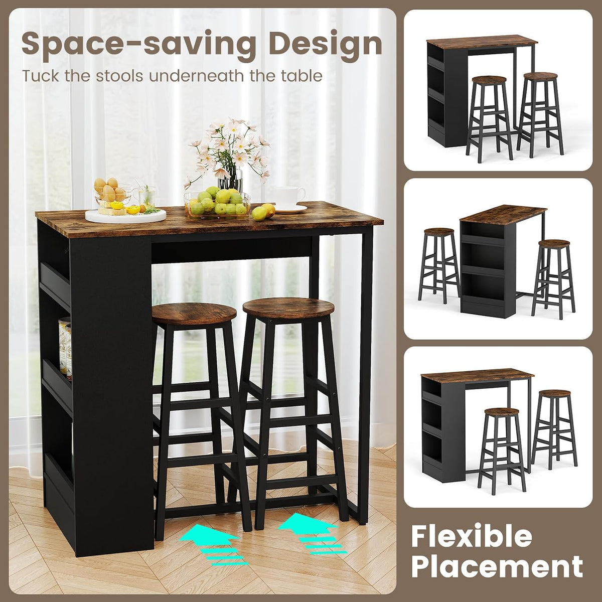 COSTWAY 3-Piece Bar Table Set, 36" Counter Height Breakfast Table Set