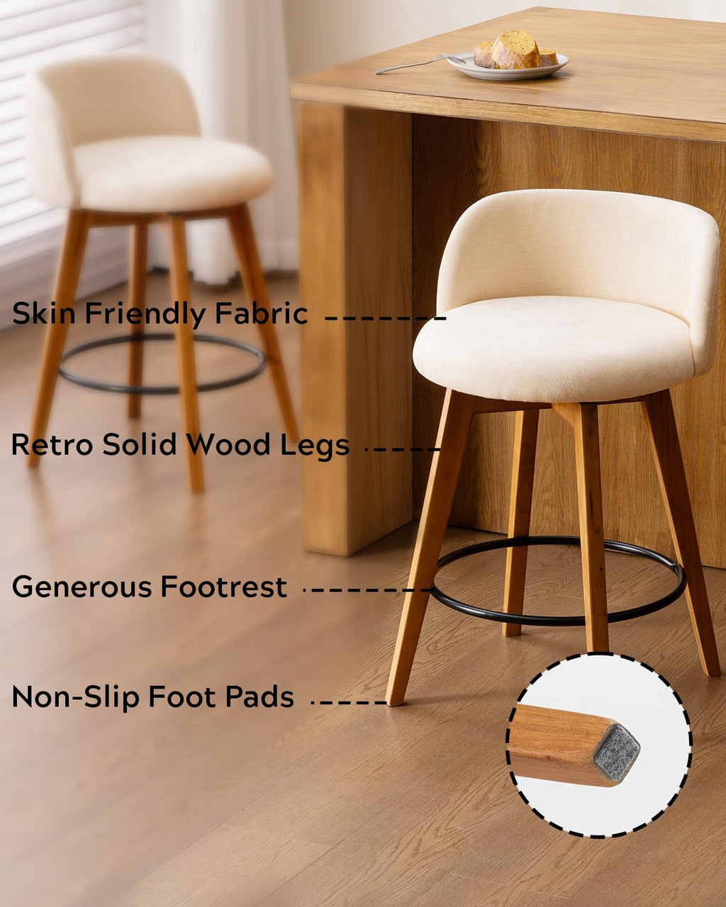 EYYTHUNG 26" Counter Height Bar Stools Set of 2 Mid Century Modern Farmhouse Swivel Barstools Chenille Fabric Upholstered Bar Height Island Chairs with Curved Backrest for Kitchen Island, Beige