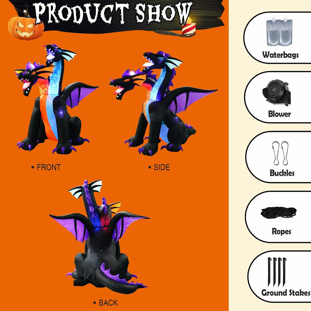 7FT Tall Halloween Inflatables Dragon with 2 Heads, Fire and Ice Blow Up Dragon Inflatables Built-in 2 Rotating Flash Lights and 5 Led Lights for Halloween Inflatable Outdoor Decoration