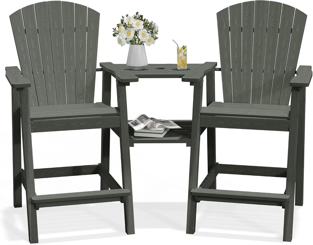 PLUUV Tall Adirondack Chairs Set of 2 with Double Connecting Trays, Grey
