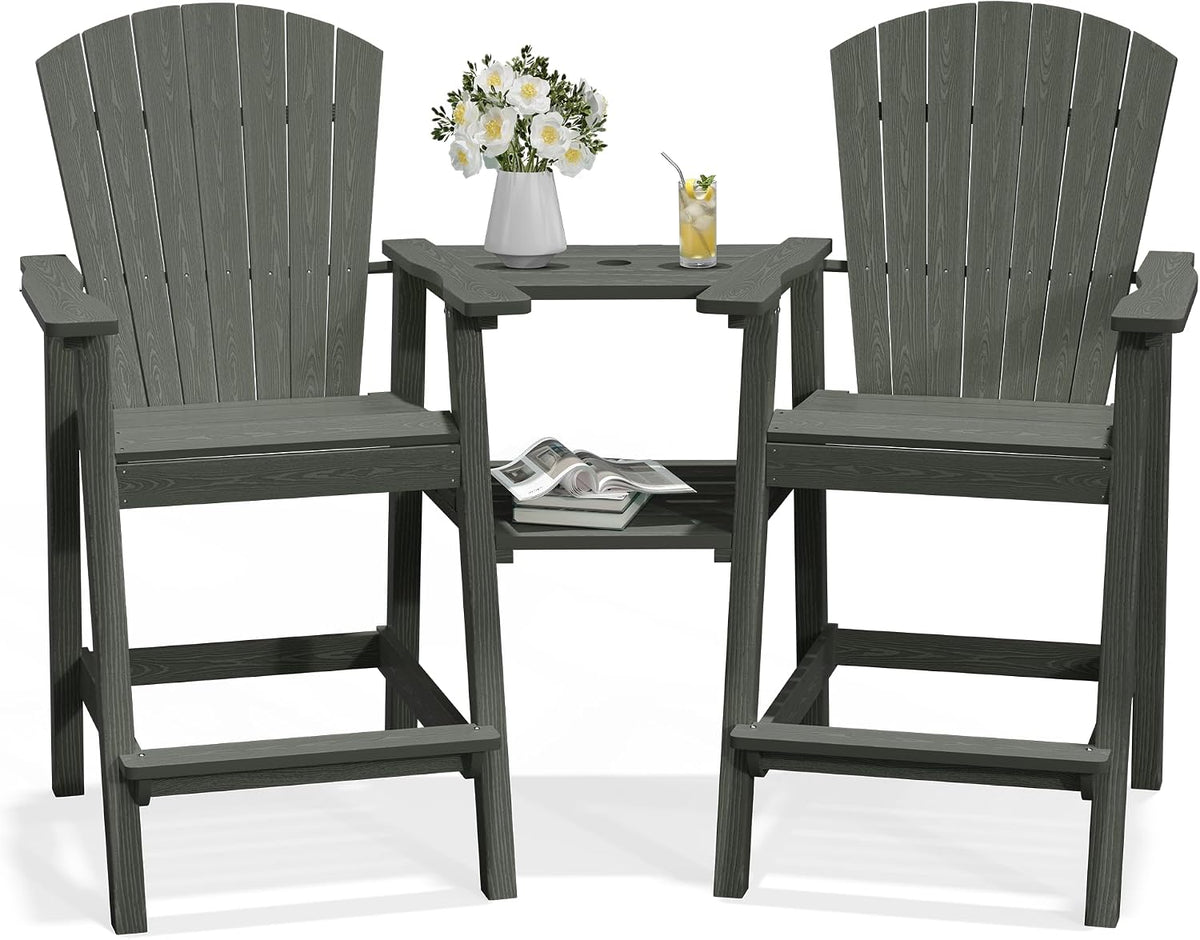PLUUV Tall Adirondack Chairs Set of 2 with Double Connecting Trays, Grey