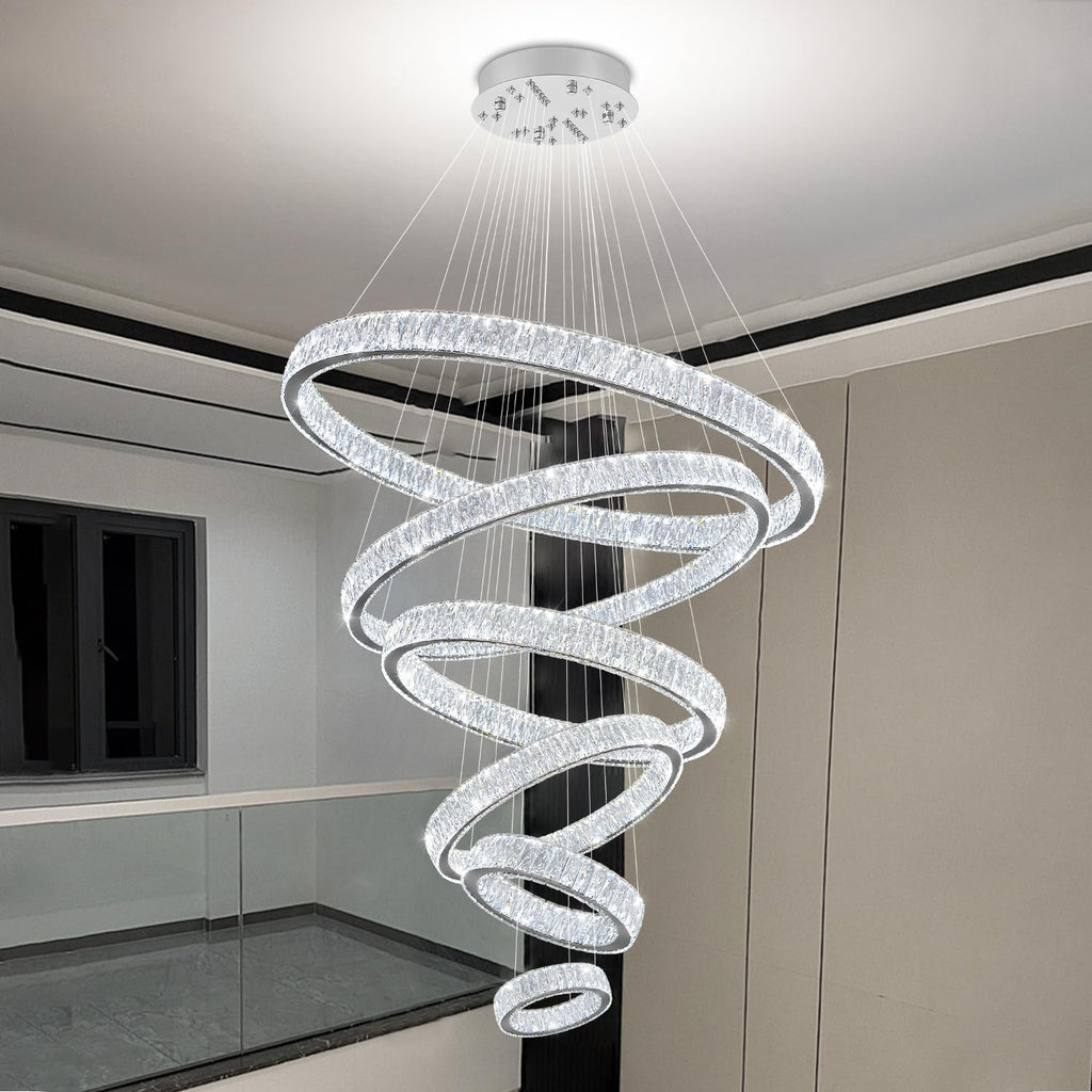 Extra Large 6 Ring Crystal Chandelier Modern LED Long Crystal Chandelier for High Ceiling Height Adjustable D8+15.7"+23.6"+31.5"+39.4"+47.5" Dimmable 2700K-6000K