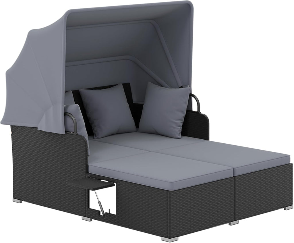 Tangkula Patio Rattan Daybed with Retractable Canopy, Outdoor Wicker Sunbed Lounger with 2 Foldable Side Tables, Thick Seat & Back Cushions, Outside Double Daybed for Garden, Backyard, Porch (Grey)