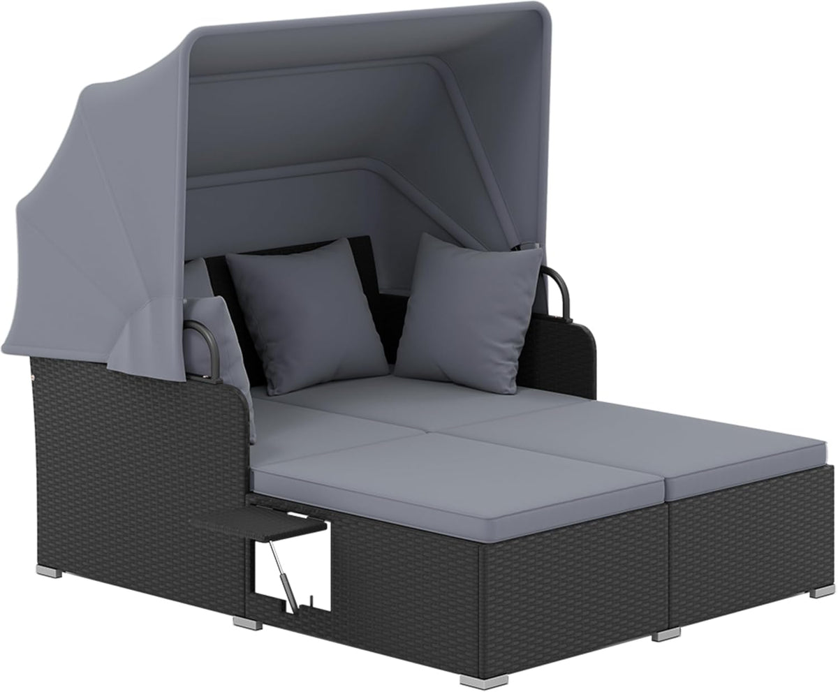 Tangkula Patio Rattan Daybed with Retractable Canopy, Outdoor Wicker Sunbed Lounger with 2 Foldable Side Tables, Thick Seat & Back Cushions, Outside Double Daybed for Garden, Backyard, Porch (Grey)