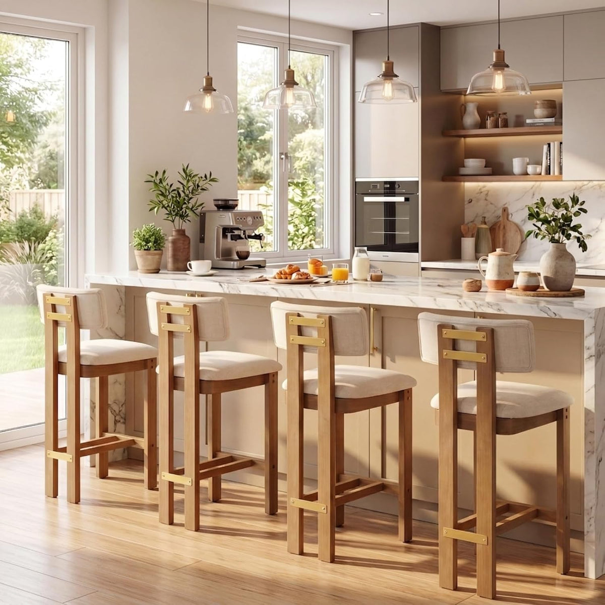 HNY 26’’ Tall Farmhouse Bar Stools Set of 2, Modern Counter Stools with Backs Beige Linen Upholstered Bar Height Chairs with Natural Hardwood Frame, Counter Height Wood Barstools for Kitchen Island