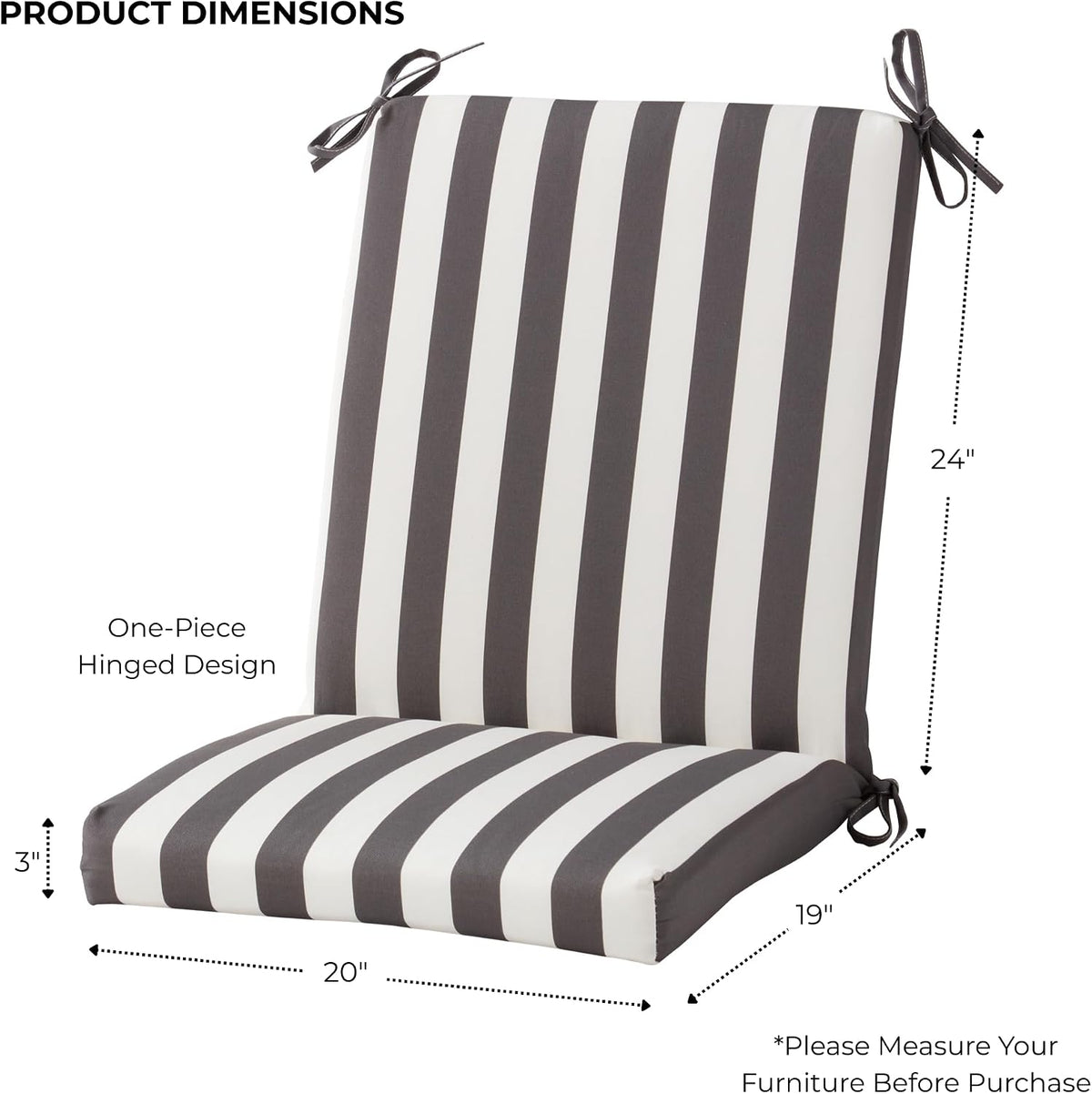 High Back Outdoor Chair Cushion – Hinged Patio Chair Pad with Removable Cover, Reversible Cushion with Ties, Durable Polyester Fabric, Eco-Friendly Recycled Polyfiber Fill, Canopy Stripe Gray
