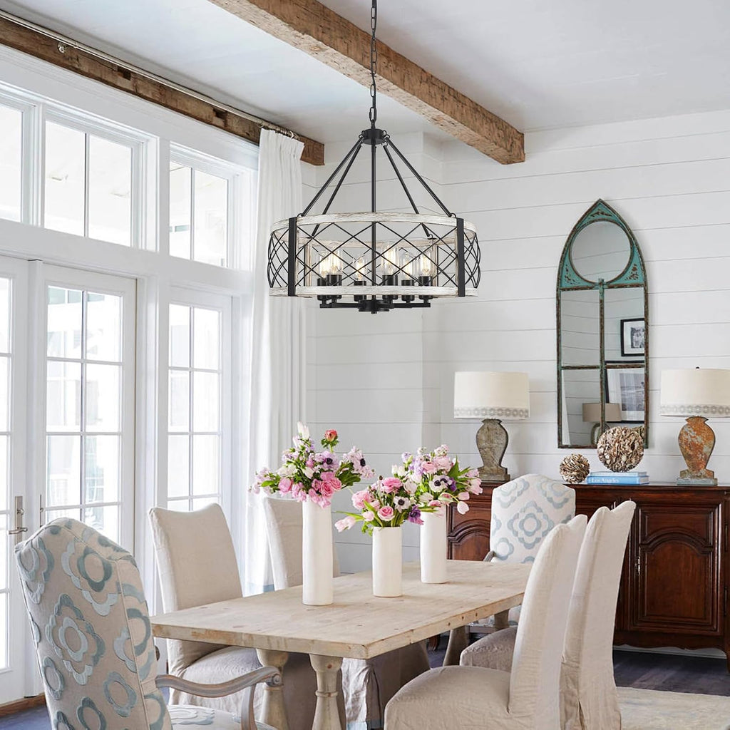 21.6” White Farmhouse Chandelier, 6-Light Wood Grain Finish Chandelier